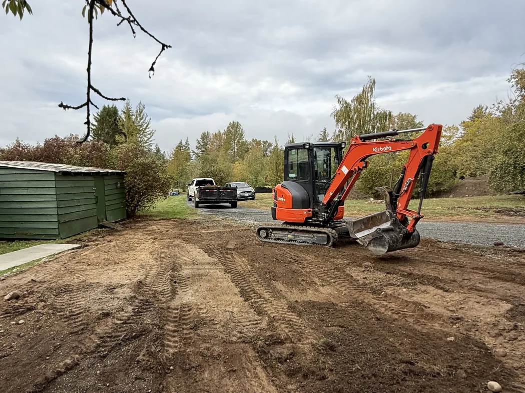 Excavation: a mini excavator on a freshly graded residential yard beside a shed and a gravel drive