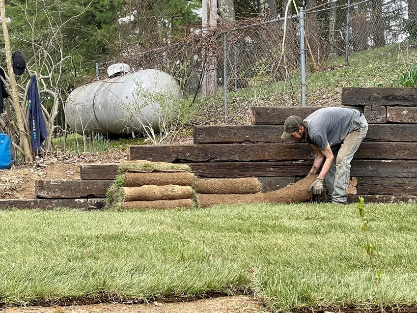 Land clearing: a worker laying new sod on graded ground beside a timber wall